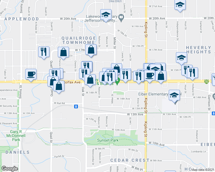 map of restaurants, bars, coffee shops, grocery stores, and more near 10500 West Colfax Avenue in Lakewood