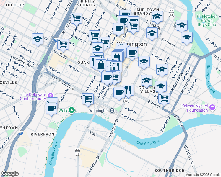 map of restaurants, bars, coffee shops, grocery stores, and more near 280 North Market Street in Wilmington