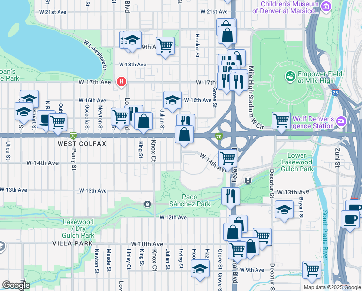 map of restaurants, bars, coffee shops, grocery stores, and more near 1436 Irving Street in Denver