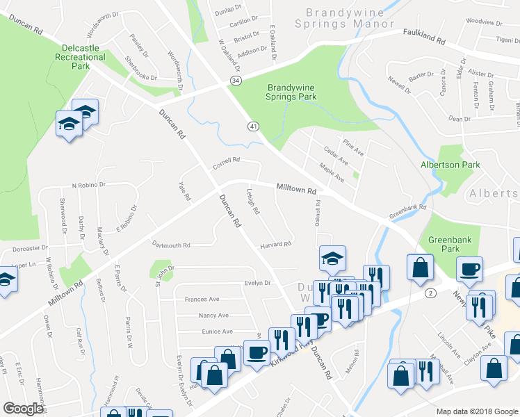 map of restaurants, bars, coffee shops, grocery stores, and more near 5 Lehigh Road in Wilmington