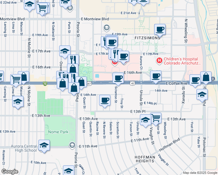 map of restaurants, bars, coffee shops, grocery stores, and more near 12600 East Colfax Avenue in Aurora