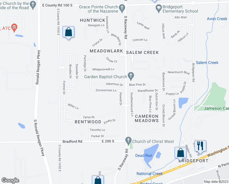 map of restaurants, bars, coffee shops, grocery stores, and more near 10909 Zimmerman Lane in Indianapolis