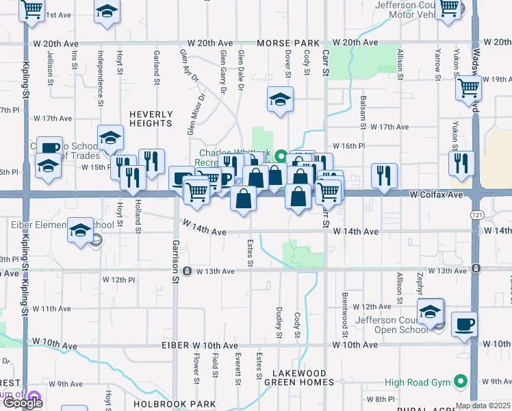 map of restaurants, bars, coffee shops, grocery stores, and more near 8700 Interstate 70 Business Loop in Lakewood