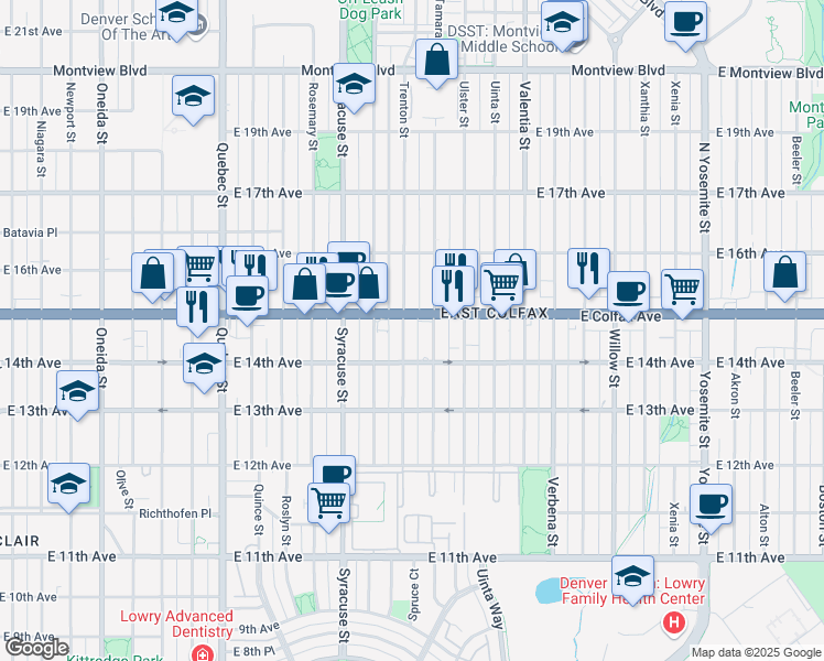 map of restaurants, bars, coffee shops, grocery stores, and more near 7900 East Colfax Avenue in Denver