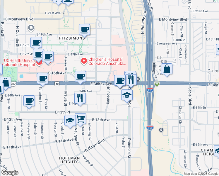 map of restaurants, bars, coffee shops, grocery stores, and more near 13600 East Colfax Avenue in Aurora