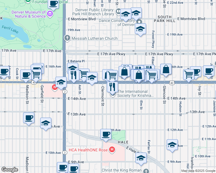 map of restaurants, bars, coffee shops, grocery stores, and more near in Denver