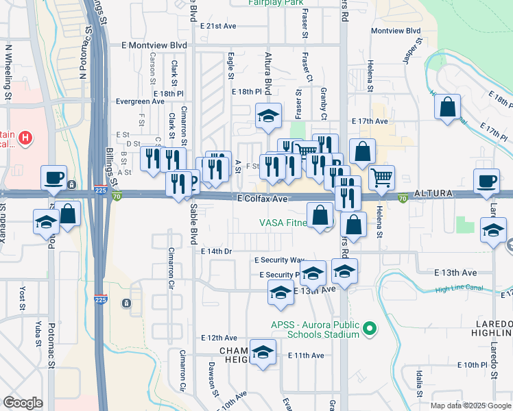 map of restaurants, bars, coffee shops, grocery stores, and more near in Aurora