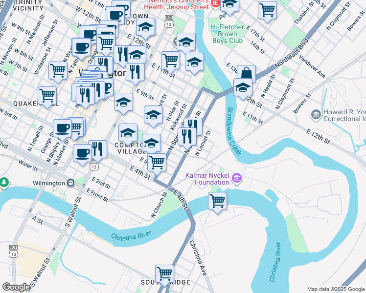 map of restaurants, bars, coffee shops, grocery stores, and more near 706 Bennett Street in Wilmington