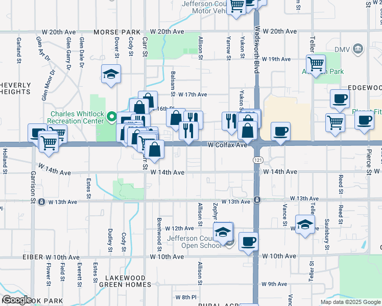 map of restaurants, bars, coffee shops, grocery stores, and more near 1480 Ammons Street in Lakewood