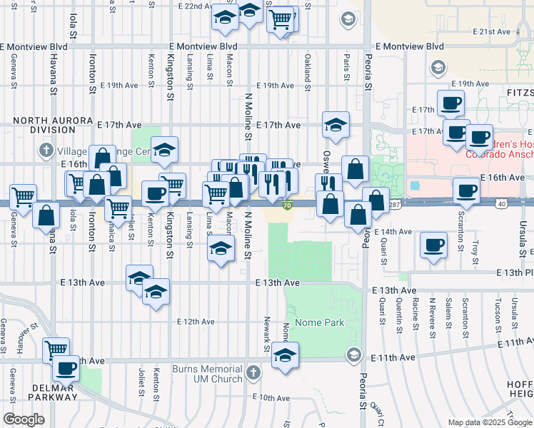 map of restaurants, bars, coffee shops, grocery stores, and more near 11534 Interstate 70 Business Loop in Aurora