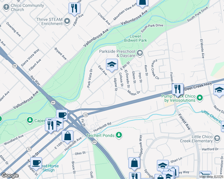 map of restaurants, bars, coffee shops, grocery stores, and more near 12 Rubicon Court in Chico