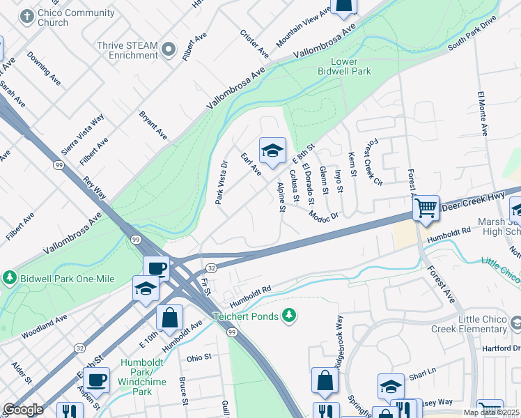 map of restaurants, bars, coffee shops, grocery stores, and more near 1675 East 8th Street in Chico