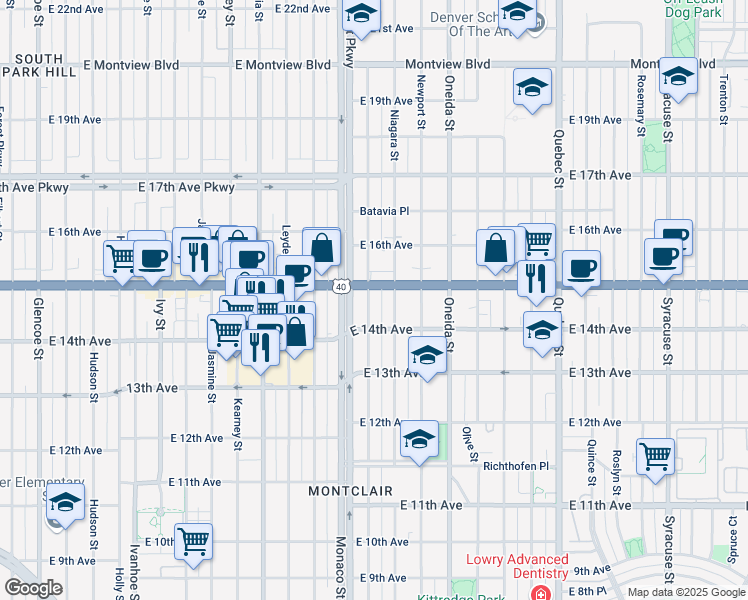 map of restaurants, bars, coffee shops, grocery stores, and more near 1460 Magnolia Street in Denver