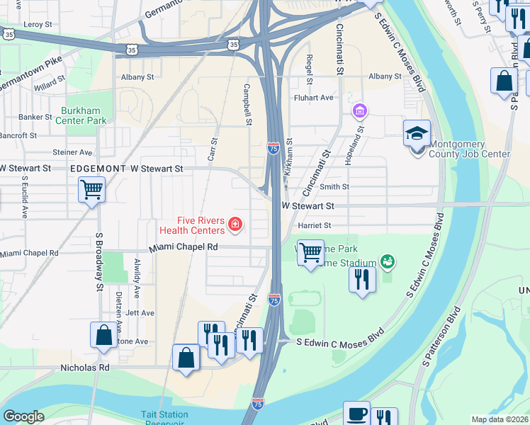 map of restaurants, bars, coffee shops, grocery stores, and more near 648 Clegg Street in Dayton