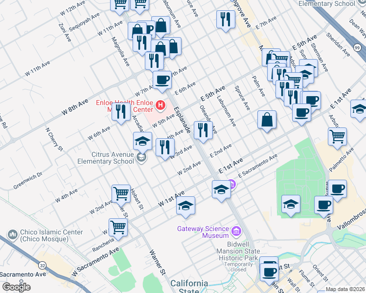 map of restaurants, bars, coffee shops, grocery stores, and more near 130 West 3rd Avenue in Chico
