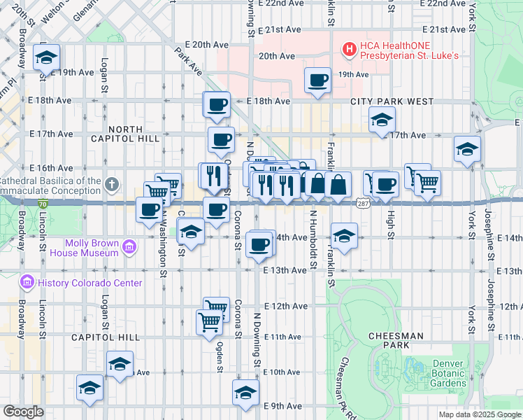 map of restaurants, bars, coffee shops, grocery stores, and more near 1125 East Colfax Avenue in Denver