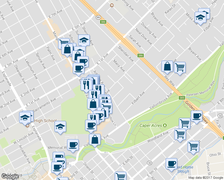 map of restaurants, bars, coffee shops, grocery stores, and more near 765 Palmetto Avenue in Chico