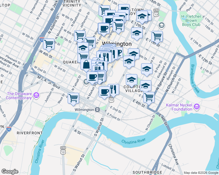 map of restaurants, bars, coffee shops, grocery stores, and more near 206 E 4th St in Wilmington