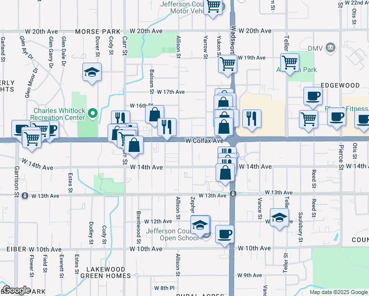 map of restaurants, bars, coffee shops, grocery stores, and more near 7980 West Colfax Avenue in Lakewood
