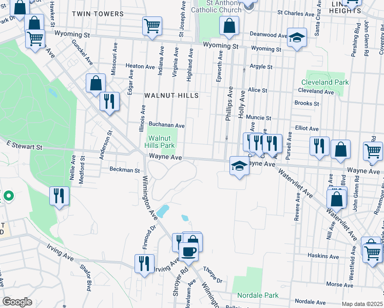 map of restaurants, bars, coffee shops, grocery stores, and more near 2416 Wayne Avenue in Dayton