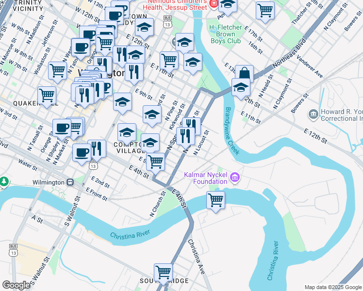 map of restaurants, bars, coffee shops, grocery stores, and more near 706 Bennett Street in Wilmington