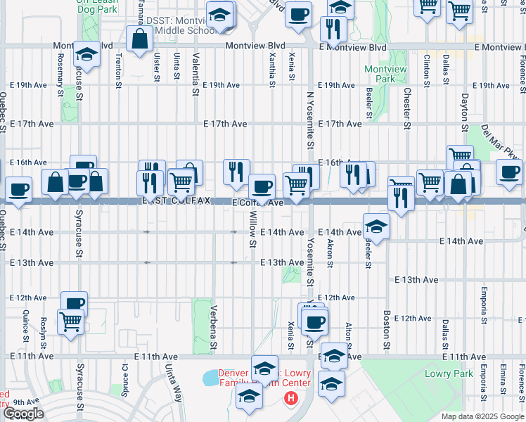 map of restaurants, bars, coffee shops, grocery stores, and more near 1437 Xanthia Street in Denver