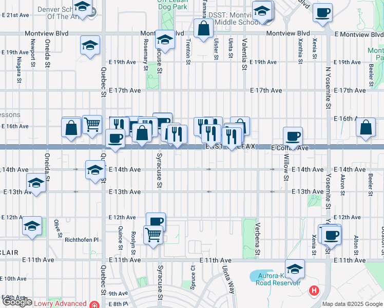 map of restaurants, bars, coffee shops, grocery stores, and more near 7900 East Colfax Avenue in Denver