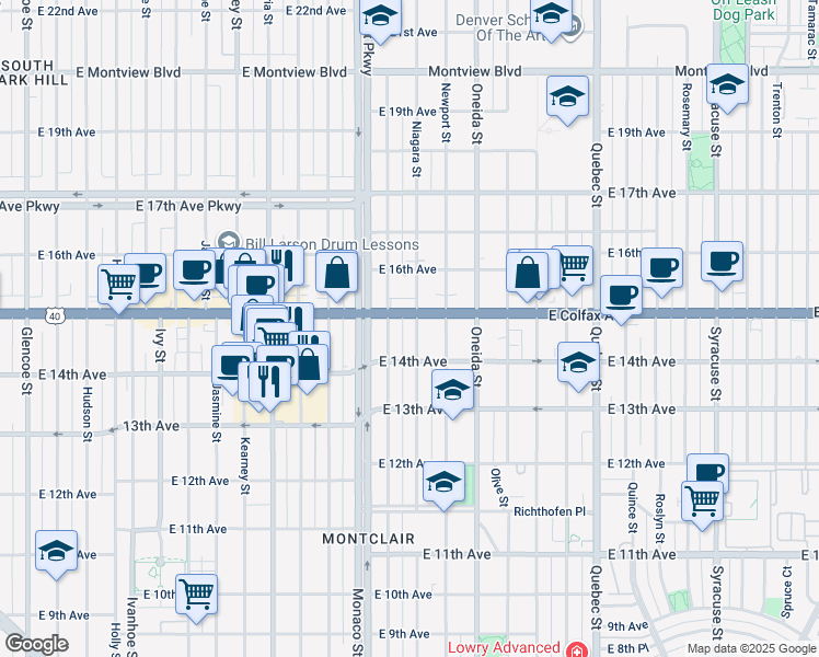 map of restaurants, bars, coffee shops, grocery stores, and more near 1460 Magnolia Street in Denver