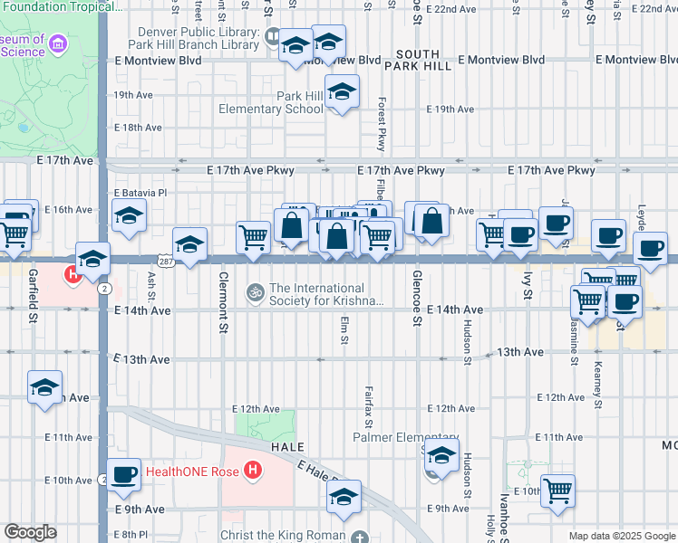 map of restaurants, bars, coffee shops, grocery stores, and more near 1465 Elm Street in Denver