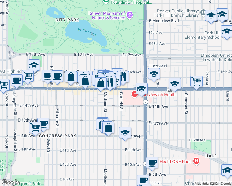 map of restaurants, bars, coffee shops, grocery stores, and more near 1463 Garfield Street in Denver