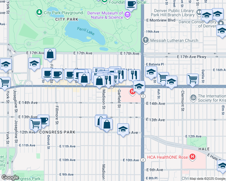 map of restaurants, bars, coffee shops, grocery stores, and more near 1463 Garfield Street in Denver