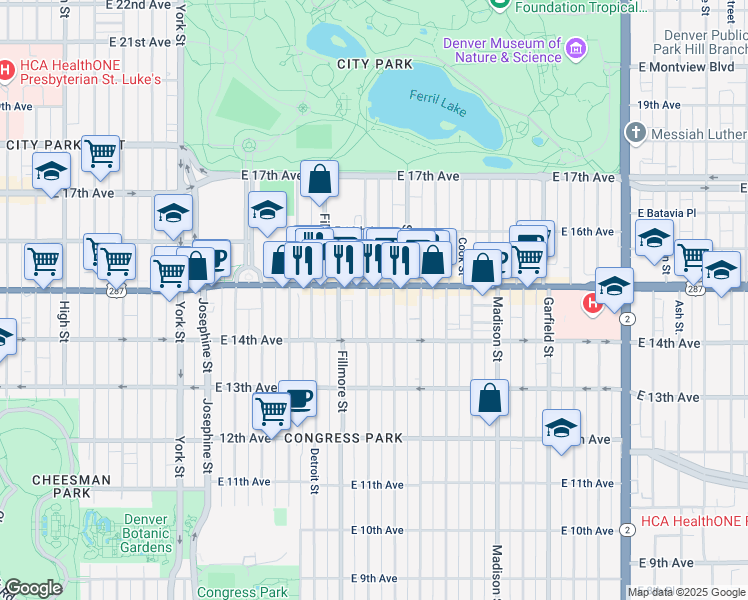 map of restaurants, bars, coffee shops, grocery stores, and more near 1461 Milwaukee Street in Denver