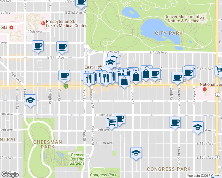 map of restaurants, bars, coffee shops, grocery stores, and more near 2526 East Colfax Avenue in Denver