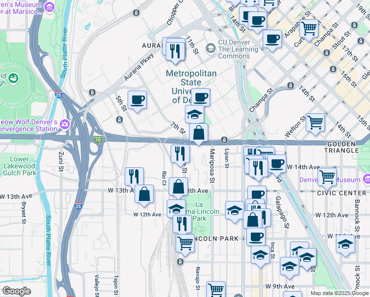 map of restaurants, bars, coffee shops, grocery stores, and more near 1350 West Colfax Avenue in Denver