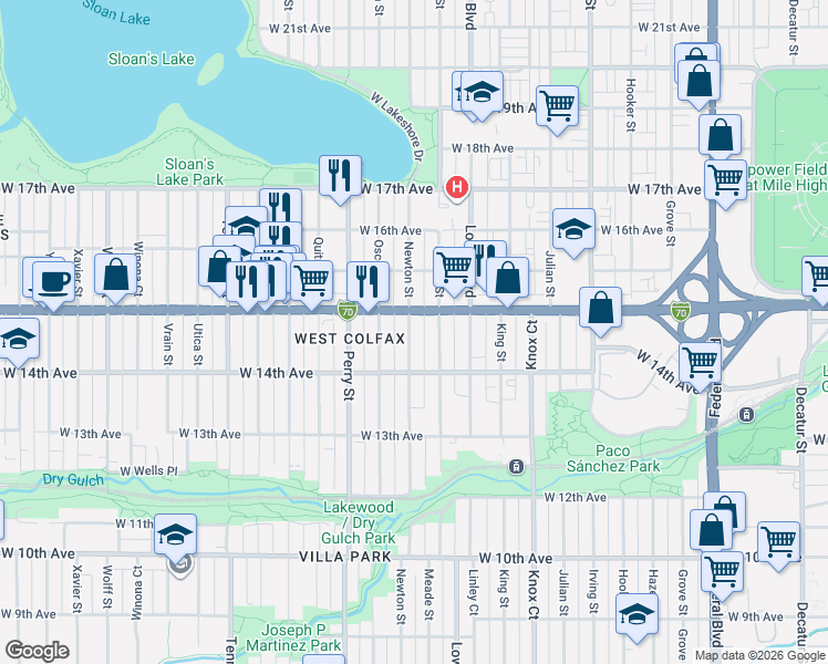 map of restaurants, bars, coffee shops, grocery stores, and more near 1459 Newton Street in Denver
