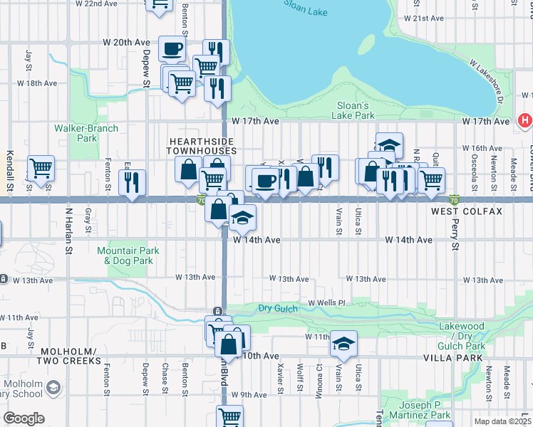 map of restaurants, bars, coffee shops, grocery stores, and more near 1457 Yates Street in Denver