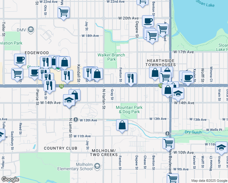 map of restaurants, bars, coffee shops, grocery stores, and more near 1453 Gray Street in Lakewood
