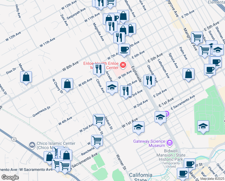 map of restaurants, bars, coffee shops, grocery stores, and more near 344 West 4th Avenue in Chico