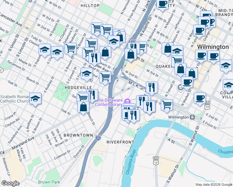 map of restaurants, bars, coffee shops, grocery stores, and more near 200 Maryland Avenue in Wilmington