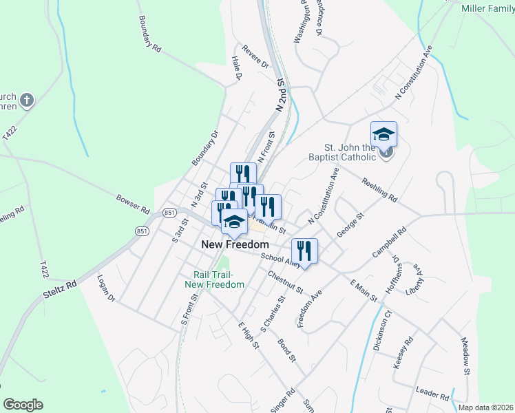 map of restaurants, bars, coffee shops, grocery stores, and more near 3 West Franklin Street in New Freedom