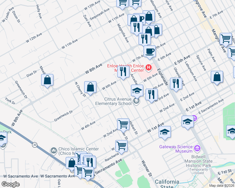 map of restaurants, bars, coffee shops, grocery stores, and more near 1460 Hobart Street in Chico