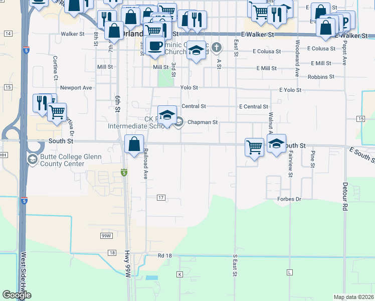 map of restaurants, bars, coffee shops, grocery stores, and more near 205 South Street in Orland