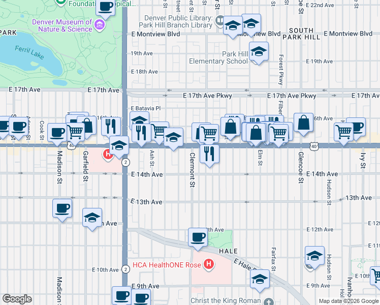 map of restaurants, bars, coffee shops, grocery stores, and more near 1467 Clermont Street in Denver
