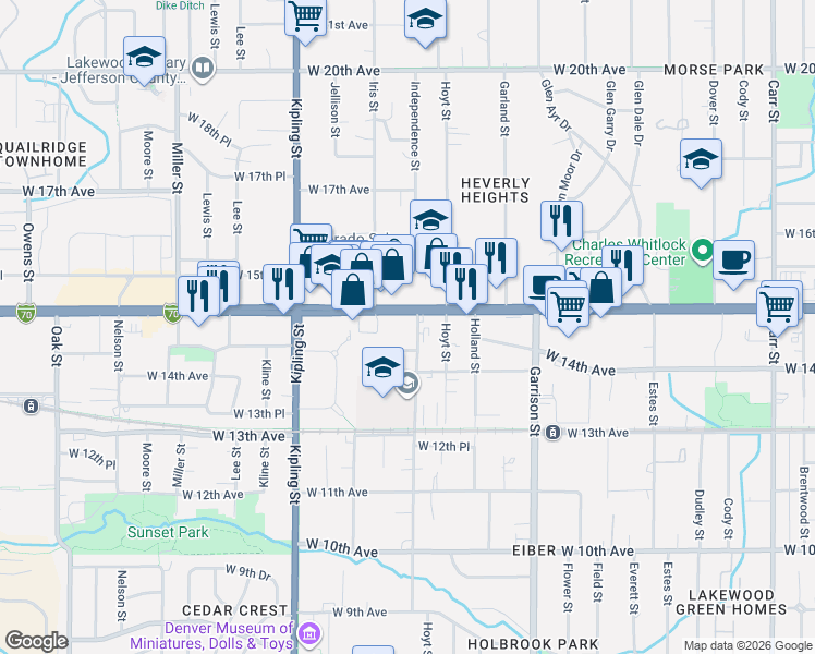 map of restaurants, bars, coffee shops, grocery stores, and more near 9600 West Colfax Avenue in Lakewood