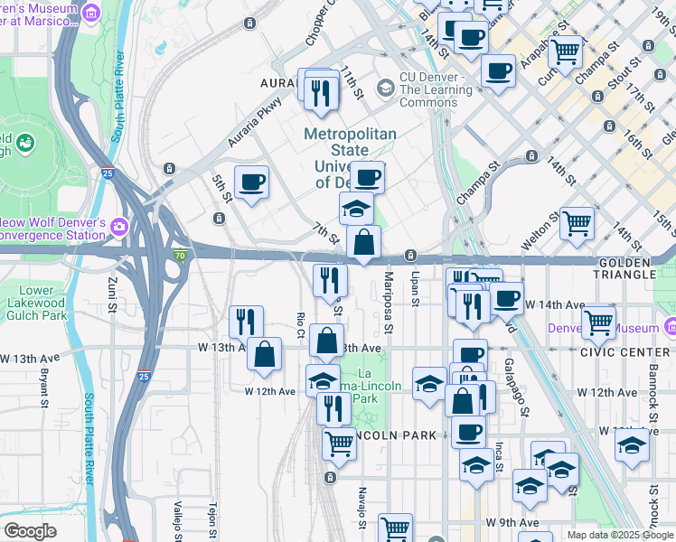 map of restaurants, bars, coffee shops, grocery stores, and more near 1493 Osage Street in Denver