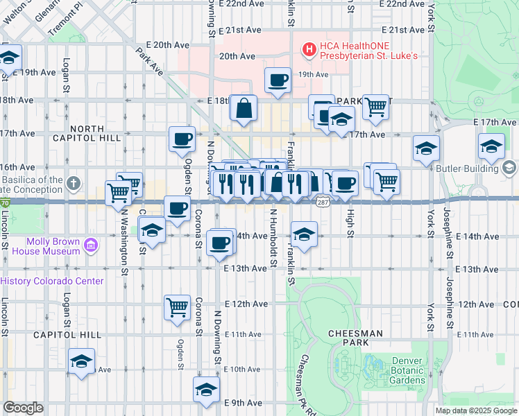 map of restaurants, bars, coffee shops, grocery stores, and more near in Denver