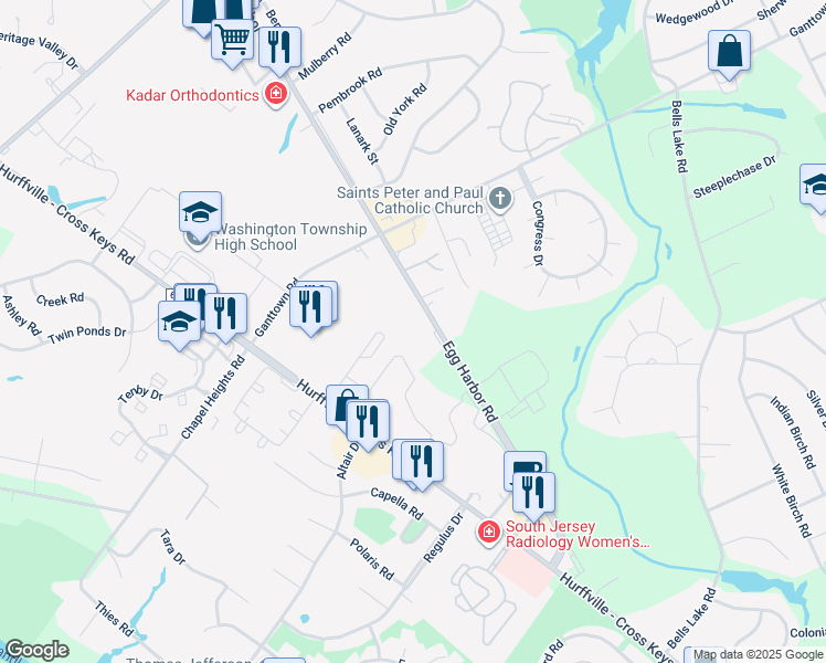 map of restaurants, bars, coffee shops, grocery stores, and more near 523 Egg Harbor Road in Washington Township