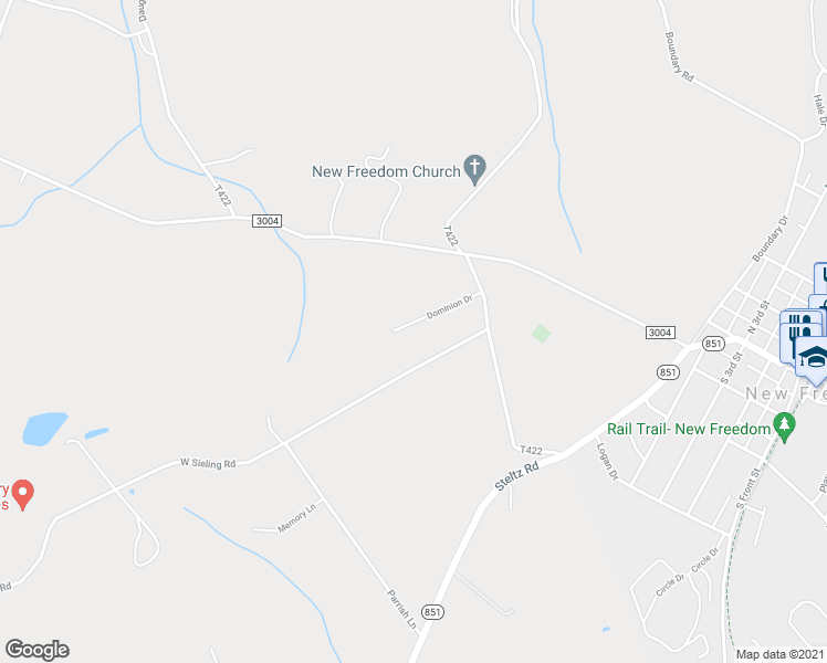 map of restaurants, bars, coffee shops, grocery stores, and more near 9 Dominion Drive in New Freedom