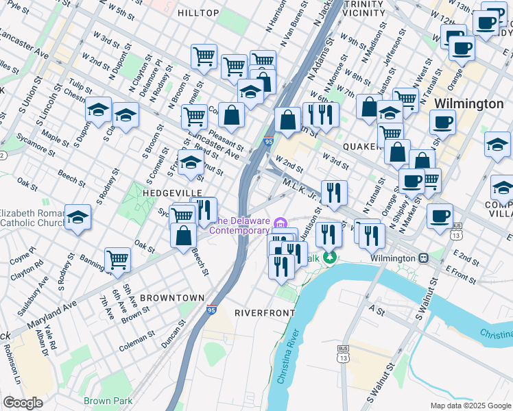 map of restaurants, bars, coffee shops, grocery stores, and more near 211 Maryland Avenue in Wilmington