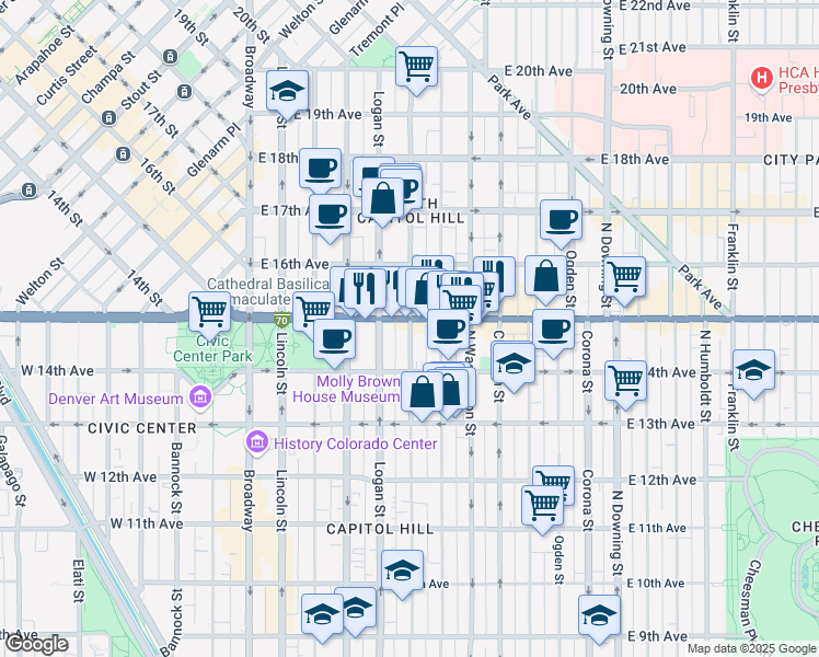 map of restaurants, bars, coffee shops, grocery stores, and more near 1477 Pennsylvania Street in Denver